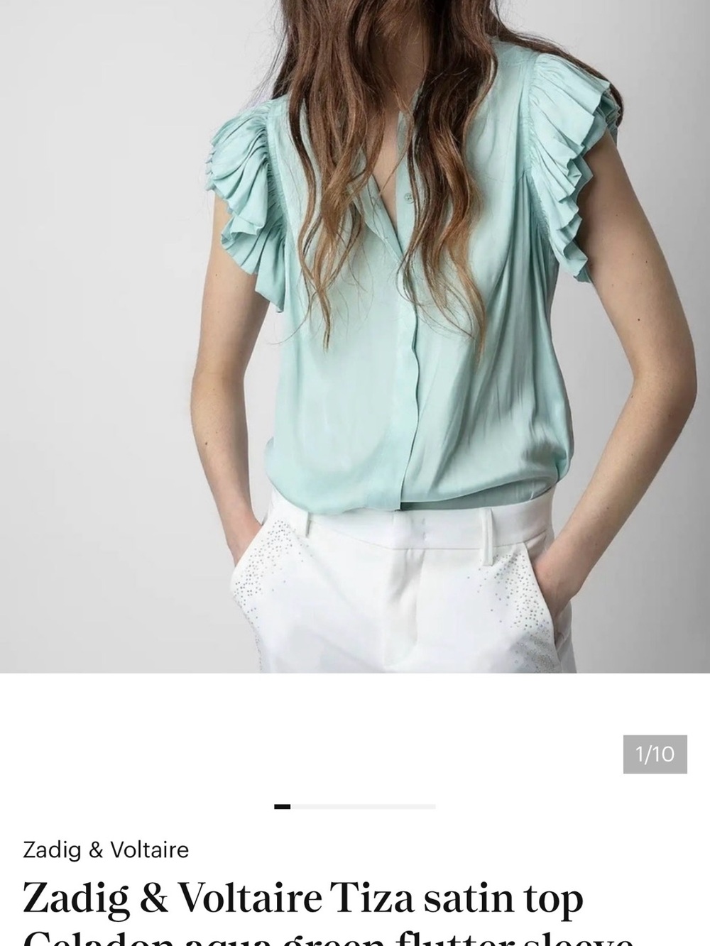 Zadig & Voltaire Seafoam Green Ruffled Flutter Sleeve Satin Blouse